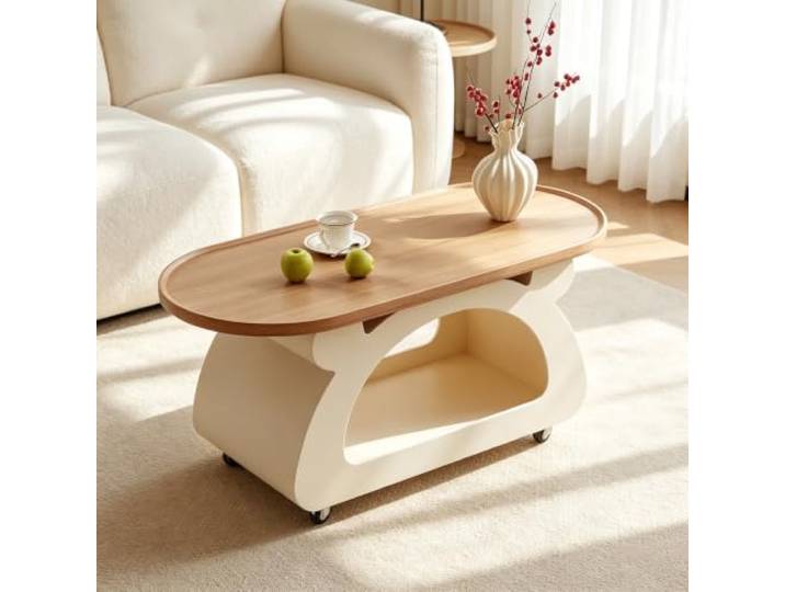 EBOYNSowAprr Moderner Runder Couchtisch, Mobiler Mitteltisch für Wohnzimmer Platzsparender Rollbarer Teetisch für Kleine Wohnungen(White+Cherry,35.4x17.7x17.7 in)