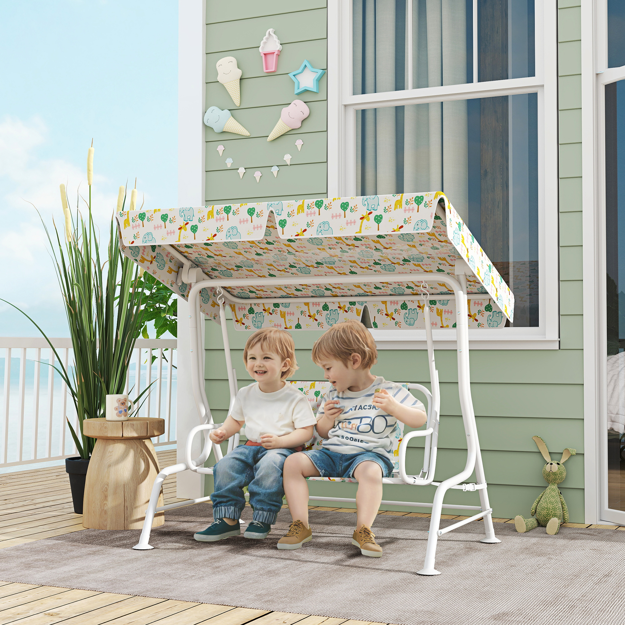 Aiyaplay Dondolo per Bambini da Esterno a 2 Posti con Tettuccio Regolabile e Cinture di Sicurezza, 112x75x120 cm, Bianco