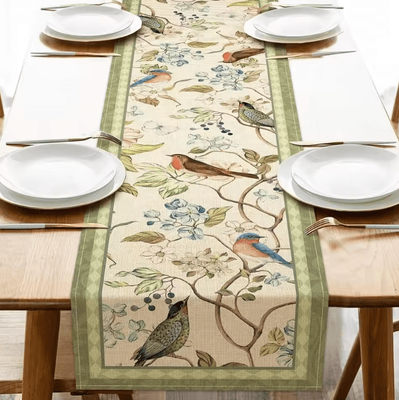 Inspire Curations Vintage Floral Bird Linen Table Runner Farmhouse Botanical Dining Decor 02 200x33cm 78.7x13inch
