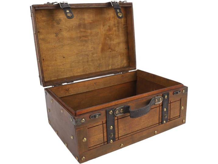 Valise en Bois Vintage Coffre de Rangement Décoratif avec Poignée en Cuir Boucle en Bronze Antique Idéale pour Le Rangement
