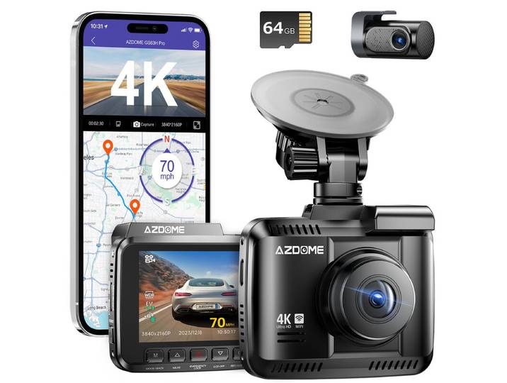 AZDOME GS63H Pro Caméra embarquée de voiture 4K avant et arrière avec GPS, Wi‑Fi et technologie Starvis