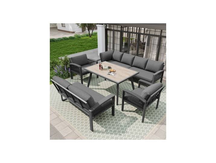 Salon de jardin extérieur 8 personnes – Ensemble Garten-Lounge-Set Seilwerk grand plateau avec grain de bois et cadre en fer galv