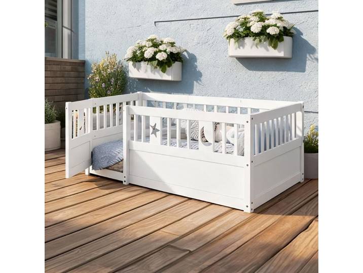 Lit enfant 140x190 cm en pin blanc barrière sécurisée déco étoiles et lune