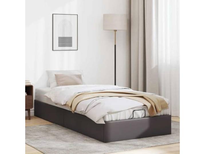 KTHLBRH Bettgestell Pouf 100 x 200 grau Kunstleder Hydraulisches Heben, Stauraum, Latten inklusive, Tragkraft 140 kg