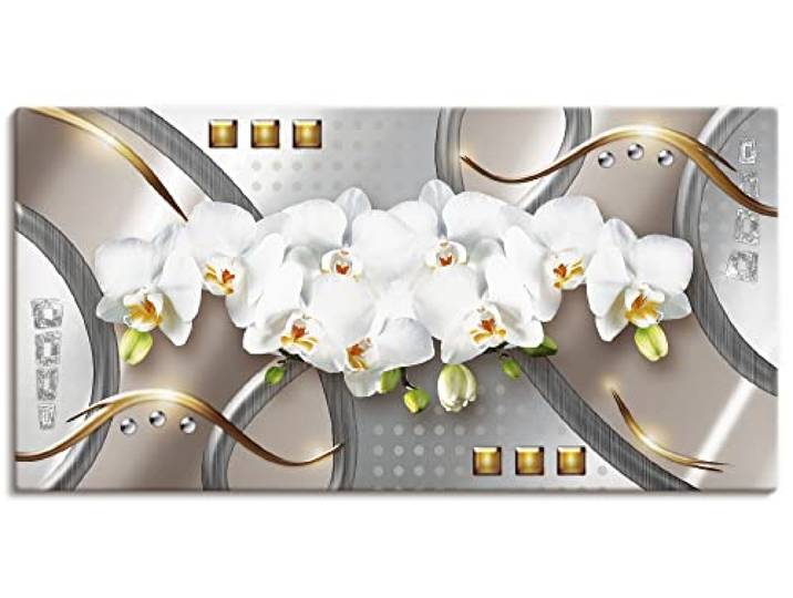 ARTLAND Wanddeko Leinwand Bilder Wandbild 100 x 50 cm Blumen Orchidee Digitale Kunst Weiß B3VZ silberne goldene Elemente
