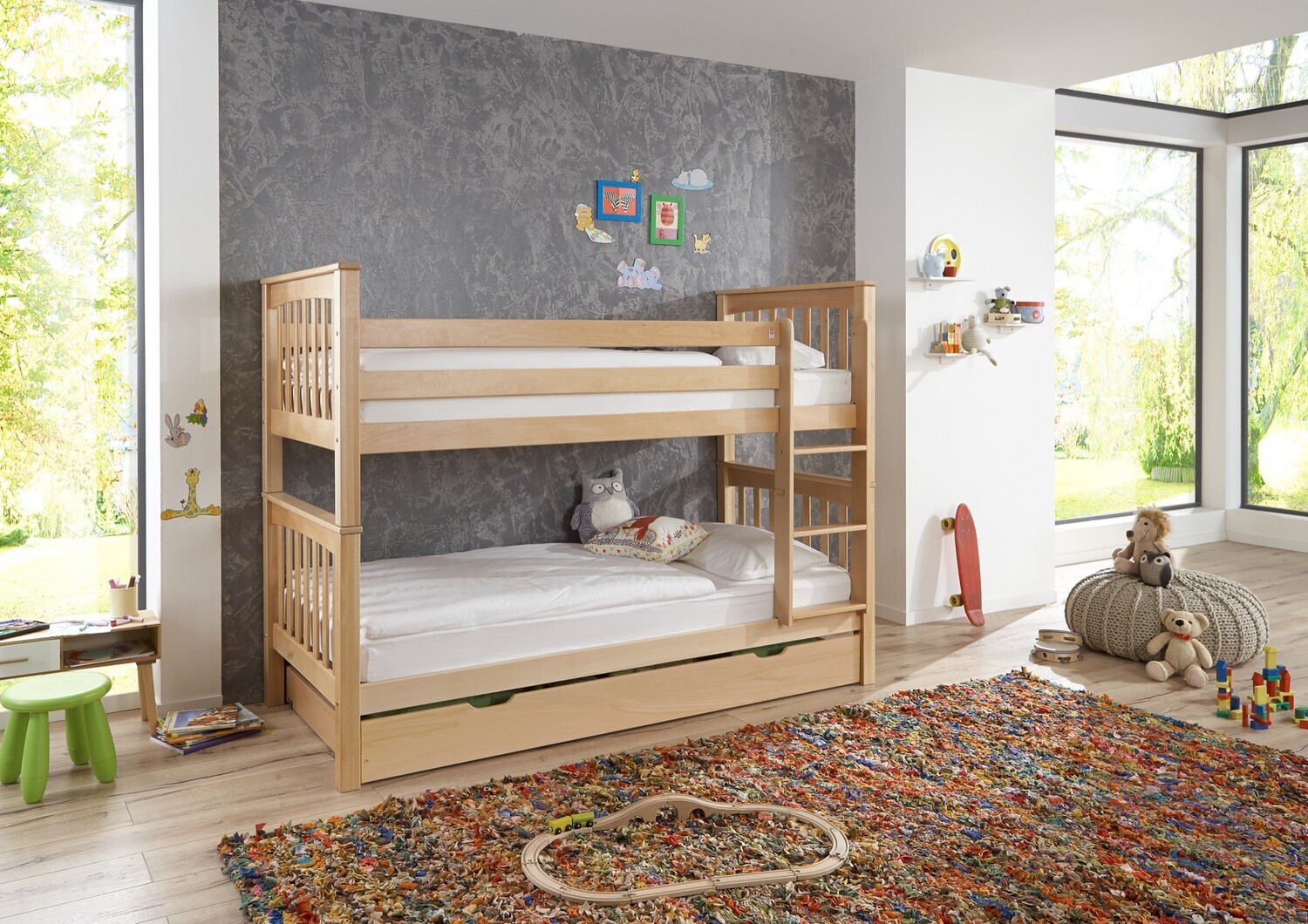 Etagenbett mit hohem Kopf- und Fußteil Kick Buche Natur lackiert 90x200 cm