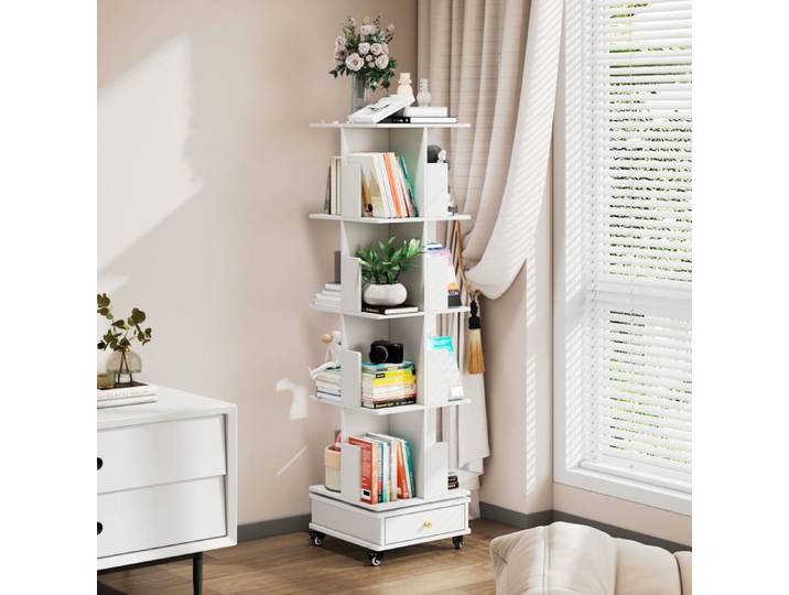 Bibliothèque Tournante 4 Étagères avec Roulettes Blocables et 1 Tiroir Rangement Mobile 360° pour Livres Blanc - 40x40x145cm