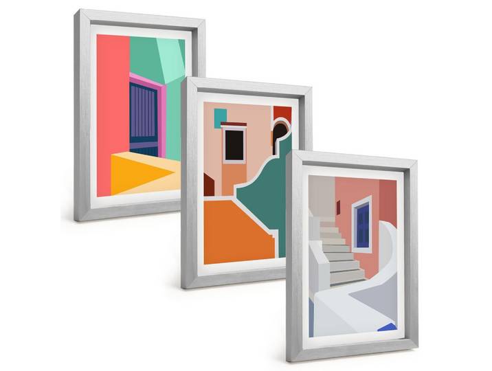 BILDER SET 3er Set - 20x30 cm Silberner Rahmen - Farbenfrohe Illustrationen von Gebäuden