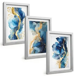 BILDER SET 3er Set - 20x30 cm Silberner Rahmen - Blaue abstrakte Muster