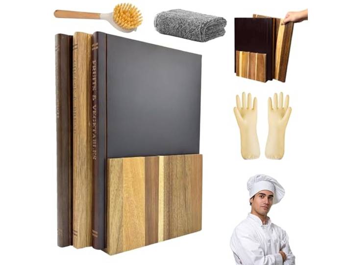 Schneidebrett Holz Buchoptik, Book Cutting Board mit Ständer, Holzschneidebrett, Das Sieht aus wie Bücher, Geeignet für Käse, Brot, Fleisch und Gemüse (Dreiteiliges Set + Ständer (3 * Schneidebrett))