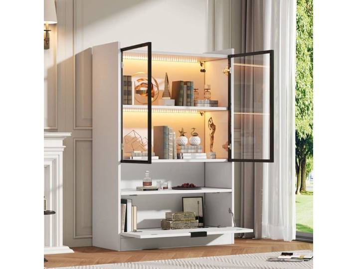 Vitrine Blanche Aggloméré 80x35x120cm Mate LED Portes Vitrées + Abattante Meuble Exposition Déco Salon
