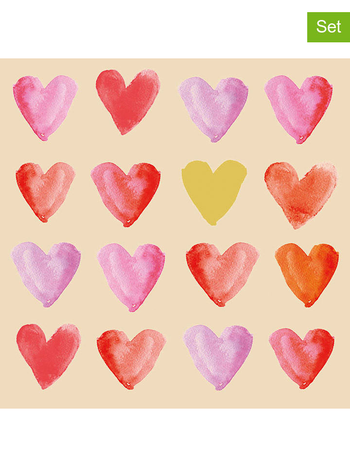 ppd 2er-Set: Servietten ''Aquarell Hearts" in Creme/ Rosa/ Rot - 2x 20 Stück - onesize