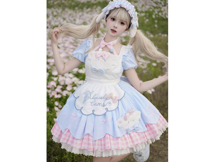 Lolita Sweet Girl Tea Party fur s, Soft Leopard Has A Cat, Original, Bubble Sleeve Op, Bleu, Rose
