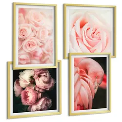 BILDER SET 4er Set - 50x50 cm & 40x60 cm Goldrahmen - Pastellrosa Flamingos