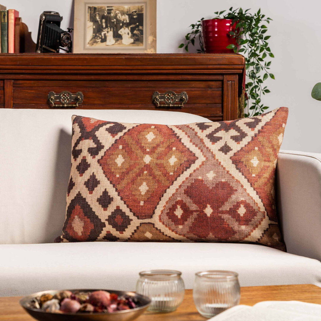 Linen Loft Geometric Red Cushion Feather filled 58cm H X 38cm W X 12cm D