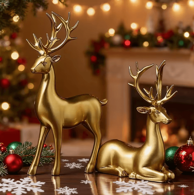 Inspire Curations 2 Piece Gold Reindeer Christmas Table Decor Elegant Elk Statue Set Holiday Home Accent 2 Piece Gold Reindeer Christmas Table Decor Elegant Elk Statue Set Holiday Home Accent