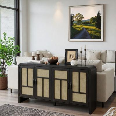 ZWYO HOSIMU "59"" Wide Mid-Century Modern Buffet Sideboard Cabinet with 4 Hand-Woven Rattan Doors and Adjustable Shelves for Living Room"