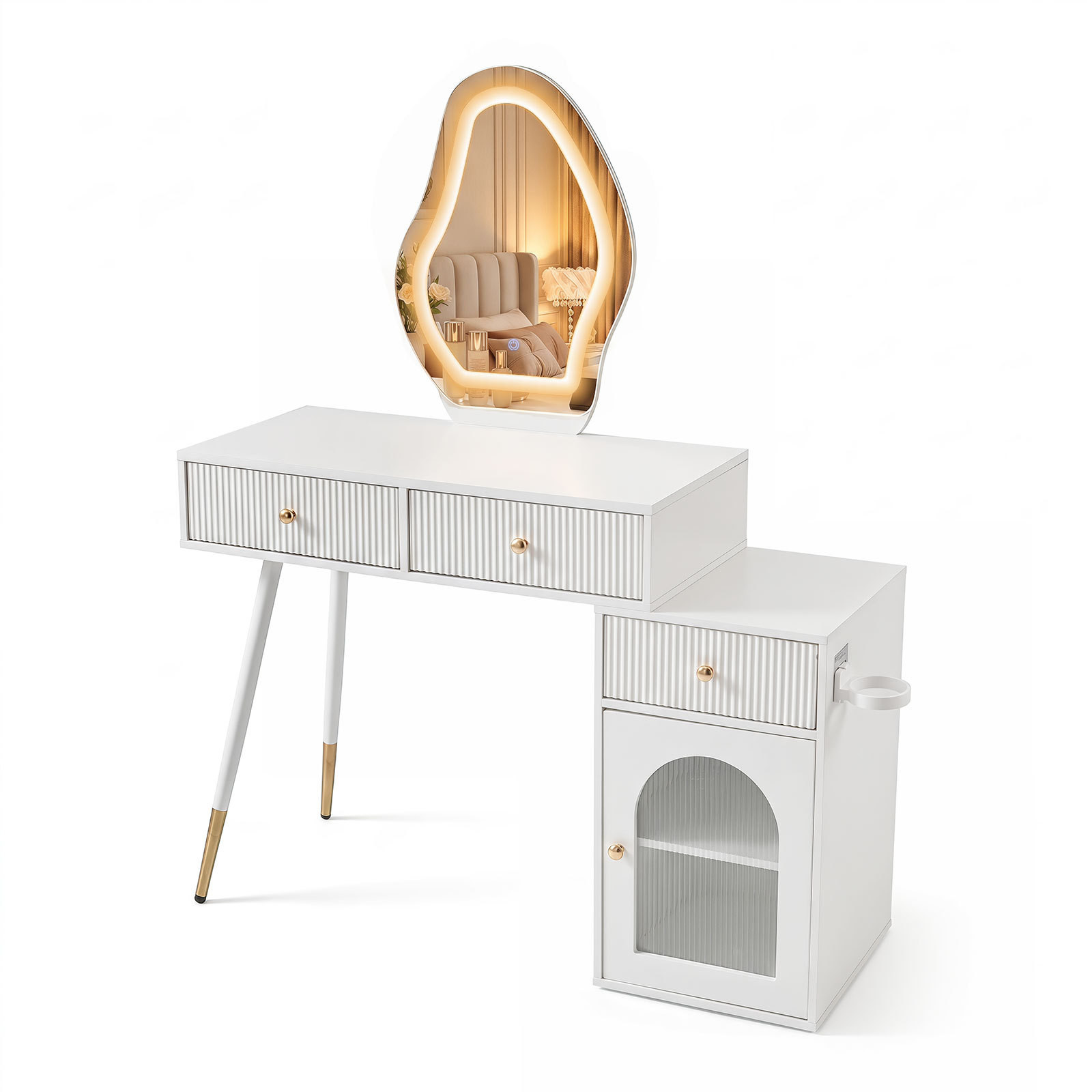 Costway Make-uptafel met spiegel, verstelbare verlichting en föhnhouder, 3 lades