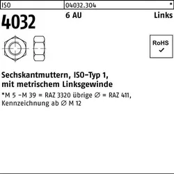 Sechskantmutter ISO 4032 links M20 6 Automatenstahl 50 Stück