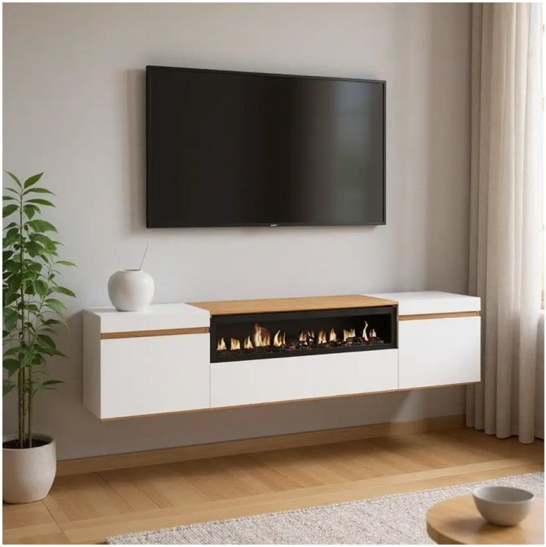 duehome Mueble tv wall chimenea blanco - roble arena