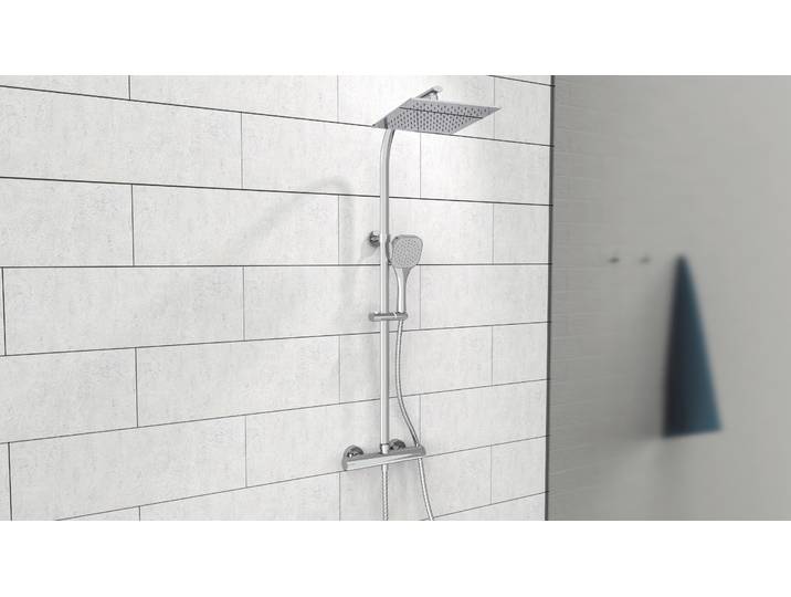 Duschsystem WELLTIME Turin , grau (chromfarben), H:95cm T:48,5cm, Brausegarnituren, Duschsystem, eckiges Überkopfbrauseset mit Thermostat, Kopfbrause mit Regendusche