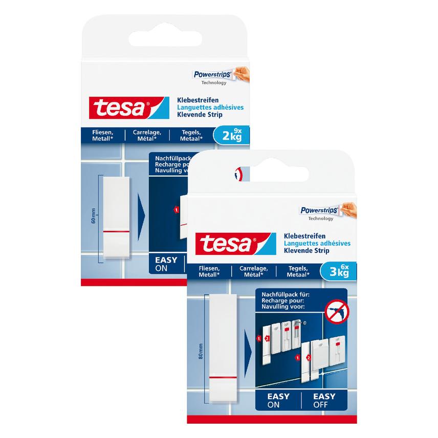 tesa Powerstrips für Fliesen & Metall, 2kg Halteleistung, 9x doppelseitige Klebestreifen (77760-00000-20)