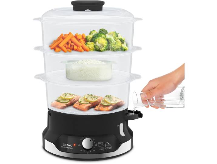 TEFAL Dampfgarer Ultracompact , schwarz, B:28cm H:27cm T:31cm, Dampfgarer, 3 Aufsätze, 60-Minuten-Timer, 9-L-Kapazität, Reis-Einsatz, VC2048, Dampfgarer