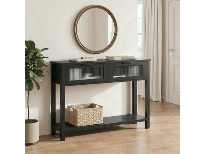 Table console entrée 47 2po derrière canapé tiroirs vitrés 2 niveaux noire