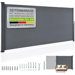 Juskys Seitenmarkise Dubai 500 x 180 cm ausziehbar blickdicht, Sichtschutz Garten, Terrasse anthrazit