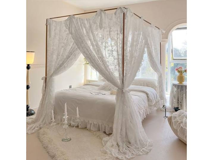 Elegante Spitze, Prinzessin, 4 Eckpfosten, Moskitonetz, romantisch, für Mädchen und Frauen, Bettvorhang, Baldachin für Erwachsene, Hochzeit, Schlafzimmer, Kinderzimmer, Dekoration