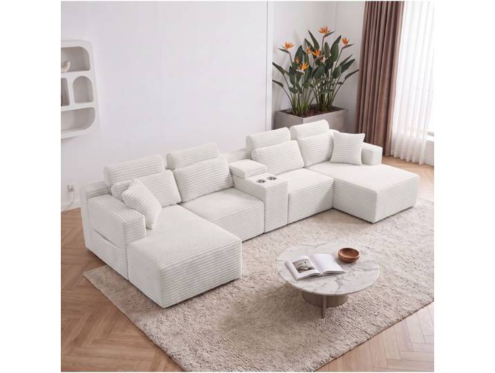 MEUBLIV Canapé modulable U 6 places corduroy blanc cassé porte-gobelets intégrés compressé
