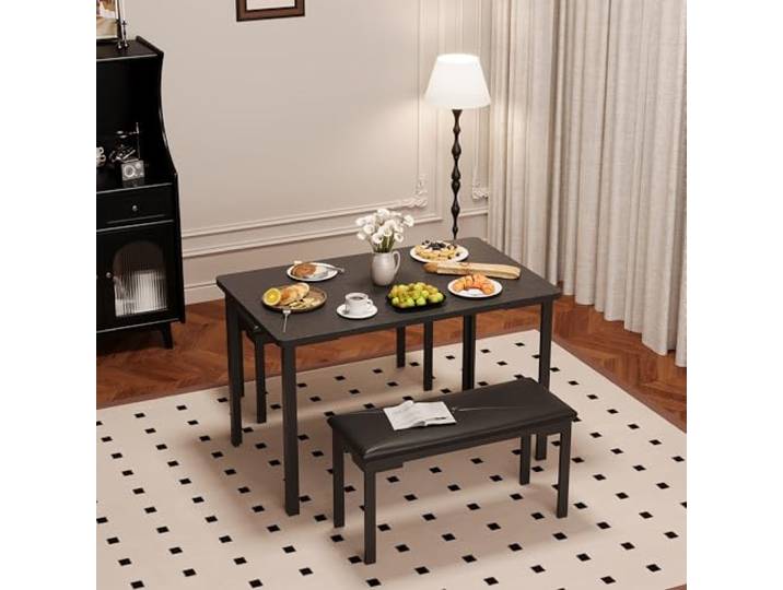 GarveeMore 3-teiliges Esszimmerset für 4 Personen 110x70cm Tisch + 2 Gepolsterten Bänken Metallgestell für Küche Frühstücksecke Apartment oder kleines Esszimmer,Langer Esstisch+Schwarz