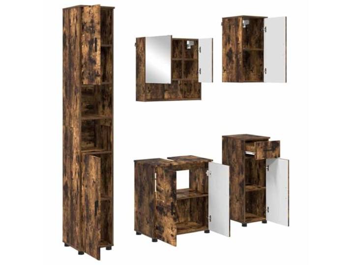 Badezimmermöbel-Set 5-teilig Eiche Rauchgrau 61 x 35 x 64 cm Schrank Holztechnik, Scharniertüren, Stangengriffe, Wanddesign, offene und geschlossene Lagerung
