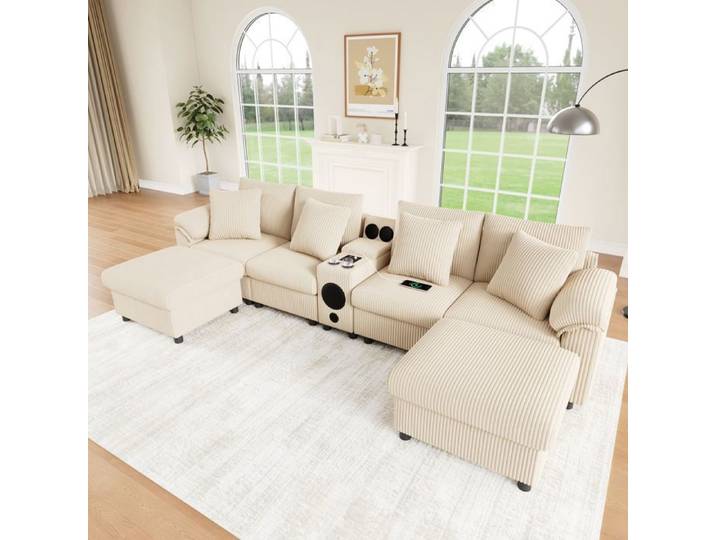 Canapé modulable 6 places 315 5x144x84 5 cm avec haut-parleur Bluetooth recharge sans fil et USB rangement tissu beige