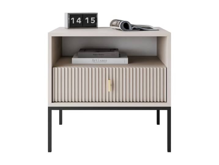 Lookway Nachttisch Midnight mit geriffelter Front auf schwarzem Metallgestell Goldfarbener Dekorgriff Modernes Schlafzimmermöbel (Kaschmir)