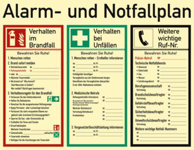 moedel Hinweisschild „Alarm- und Notfallplan“, 3-spaltig, EN ISO 7010, Leuchtklasse C, 160 mcd/m², L 480 x B 620 mm, Kunststoff, mehrfarbig