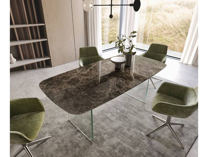 Esstisch Edge Boot 200x100 Keramik Emperador Extra Lucidato Dunkelbraun Gestell Glas, Esstische