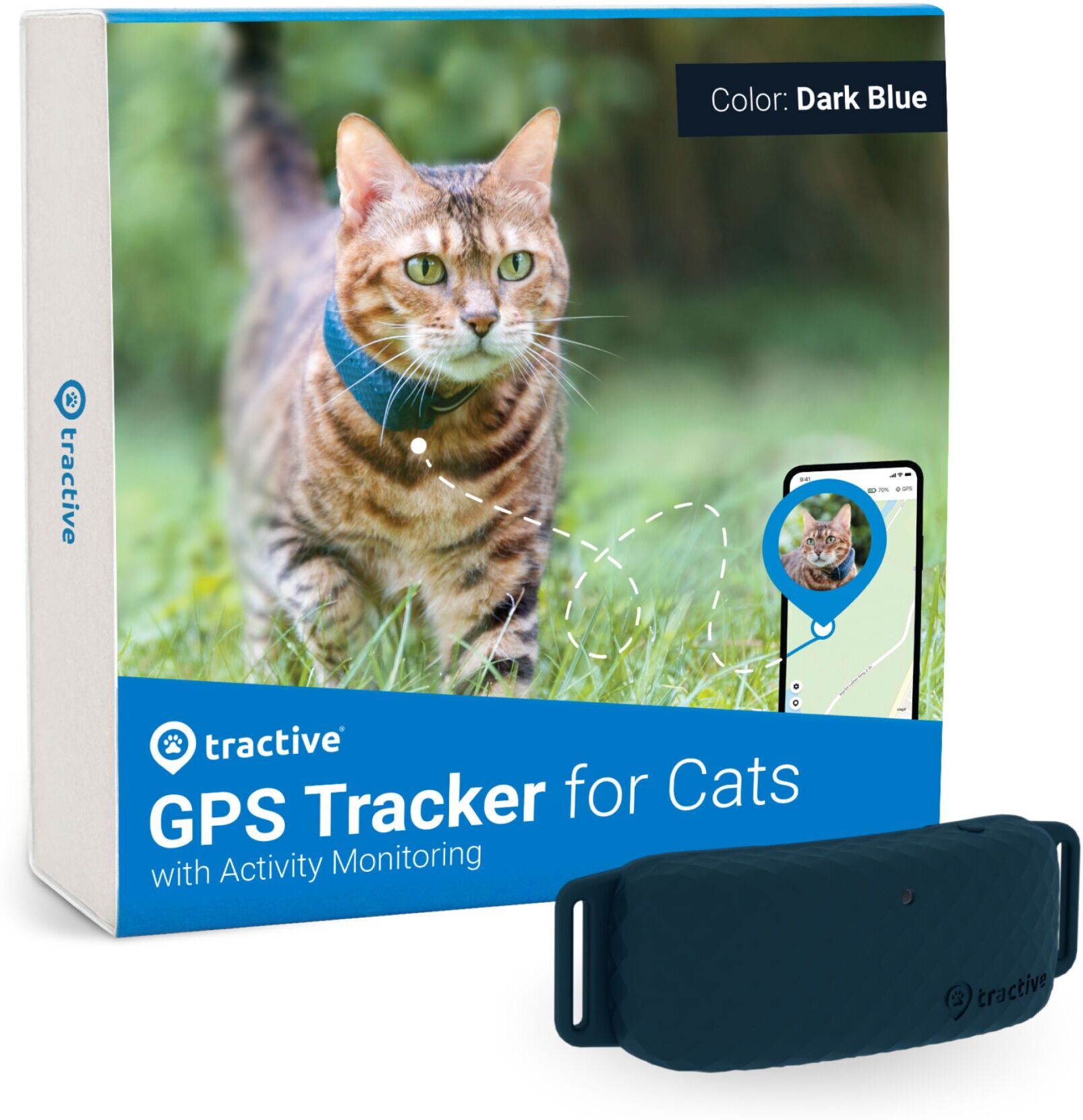 Tractive GPS CAT 4 - Traceur GPS pour chats avec suivi d'activité   ABONNEMENT EXCLU   TRAMINDB   Bleu Nuit - Refurbished