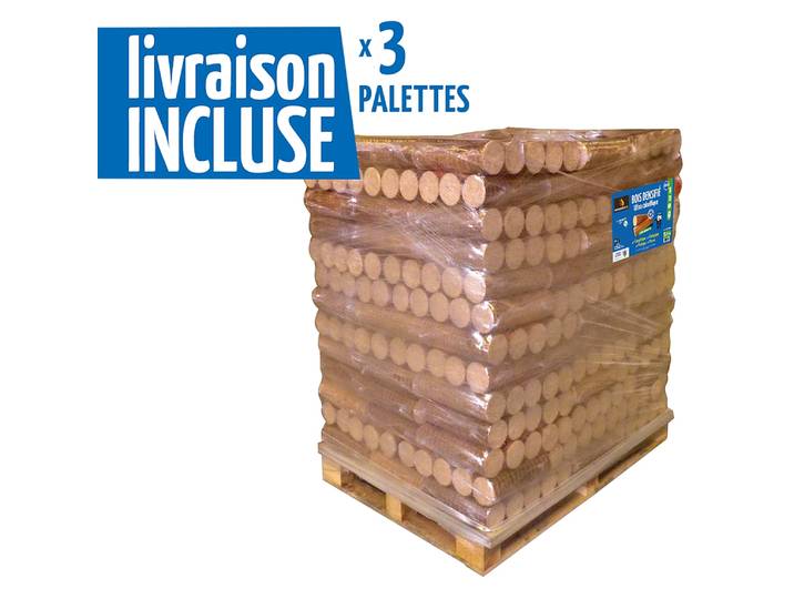 Lot de 3 Palettes WOODSTOCK Bois Densifié - Pack de 5 bûches