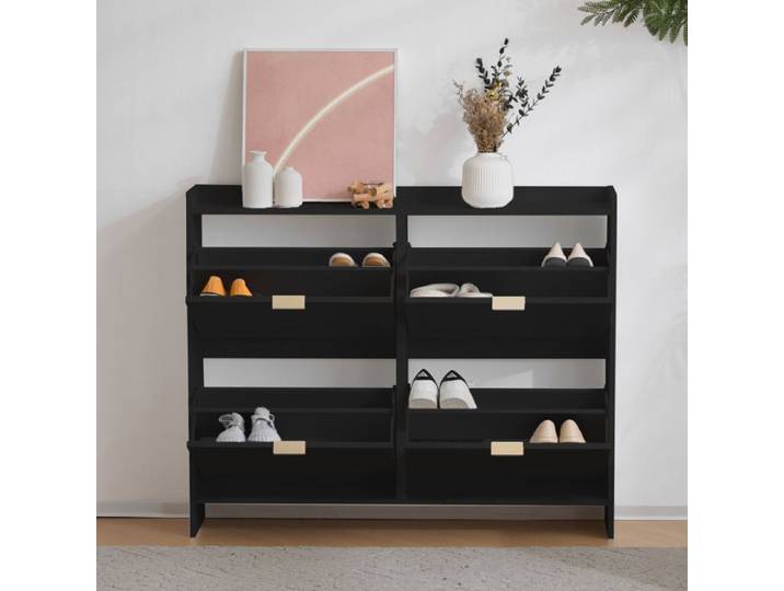Meuble Chaussure avec 4 Compartiments à Clapet Rangement Chaussure avec Étagère Ouverte pour entree ou Couloir Noir 110×24×90cm