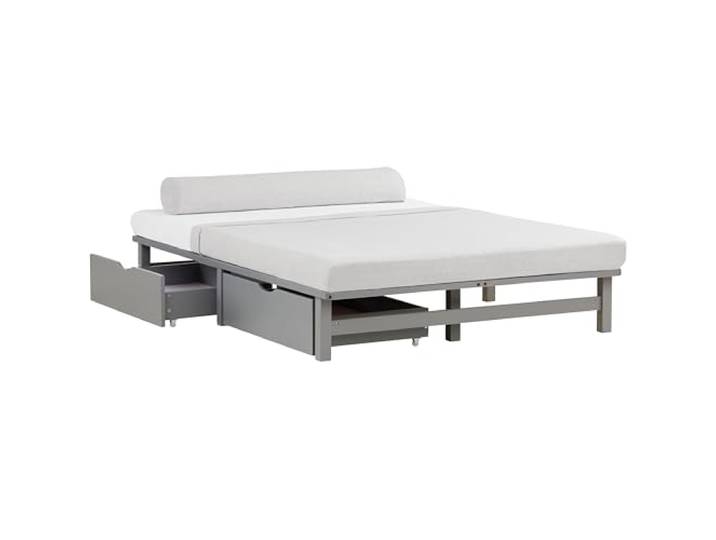Homestyle4u Palettenbett 140x200 mit Matratze & Schubladen, Kiefer Grau
