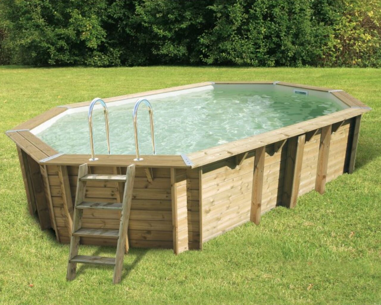 Piscine bois Ubbink AZURA octogonale allongée 355x490x130cm liner beige