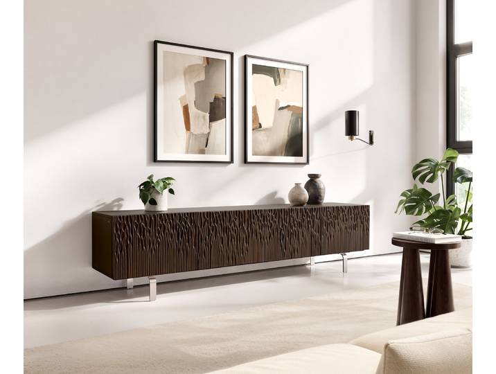Lowboard Follia 200 cm Mango Braun 4 Türen L Fuß Edelstahl gebürstet