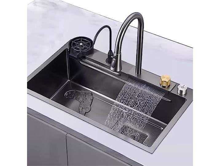 ZQFHSX Schwarze Küchenspüle mit Wasserfallarmatur, Edelstahl-Unterlegscheibe, großes Restaurant-Komplettset (Größe: 80 x 45 cm)