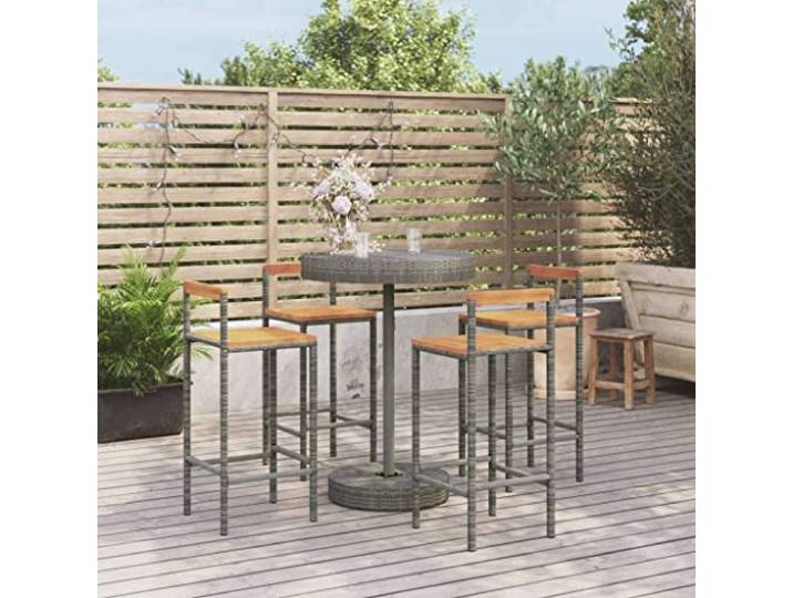 Rotin poly résistant intempéries ensemble bar jardin tendance 5 pièces gris Ensemble bar jardin 5 pieces gris poly rotin acacia table 4 tabourets exterieur Meuble terrasse bistrot avec repose-pieds