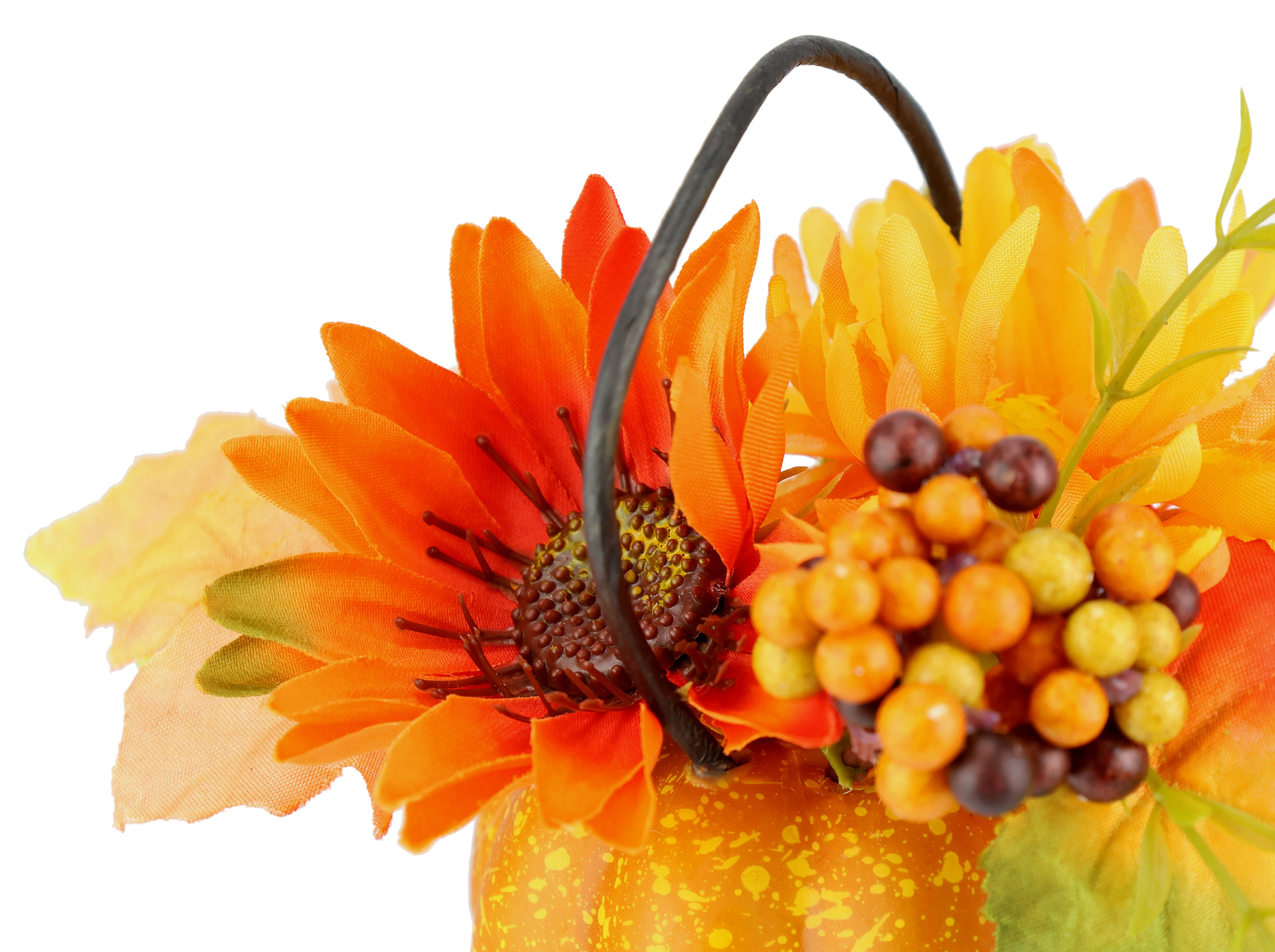 Kunstblume I.GE.A. "Dahlien-Gesteck im Kürbis", gelb (gelb, orange), B:16cm H:12cm L:16cm, Polyester, Kunstpflanzen, Mit Beeren Blume Dekoblume Gesteck Herbstblume Herbstdeko Mittelstück