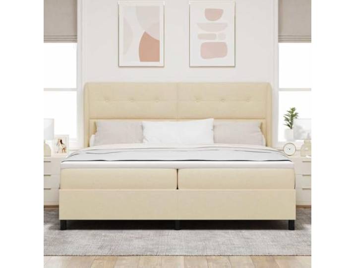 KTHLBRH Doppelbett 200 x 200 cm Creme mit verstellbarem Kopfteil Rahmen aus Massivholz, mittlere Matratze, inklusive Topper, Kopfteil mit Ohren
