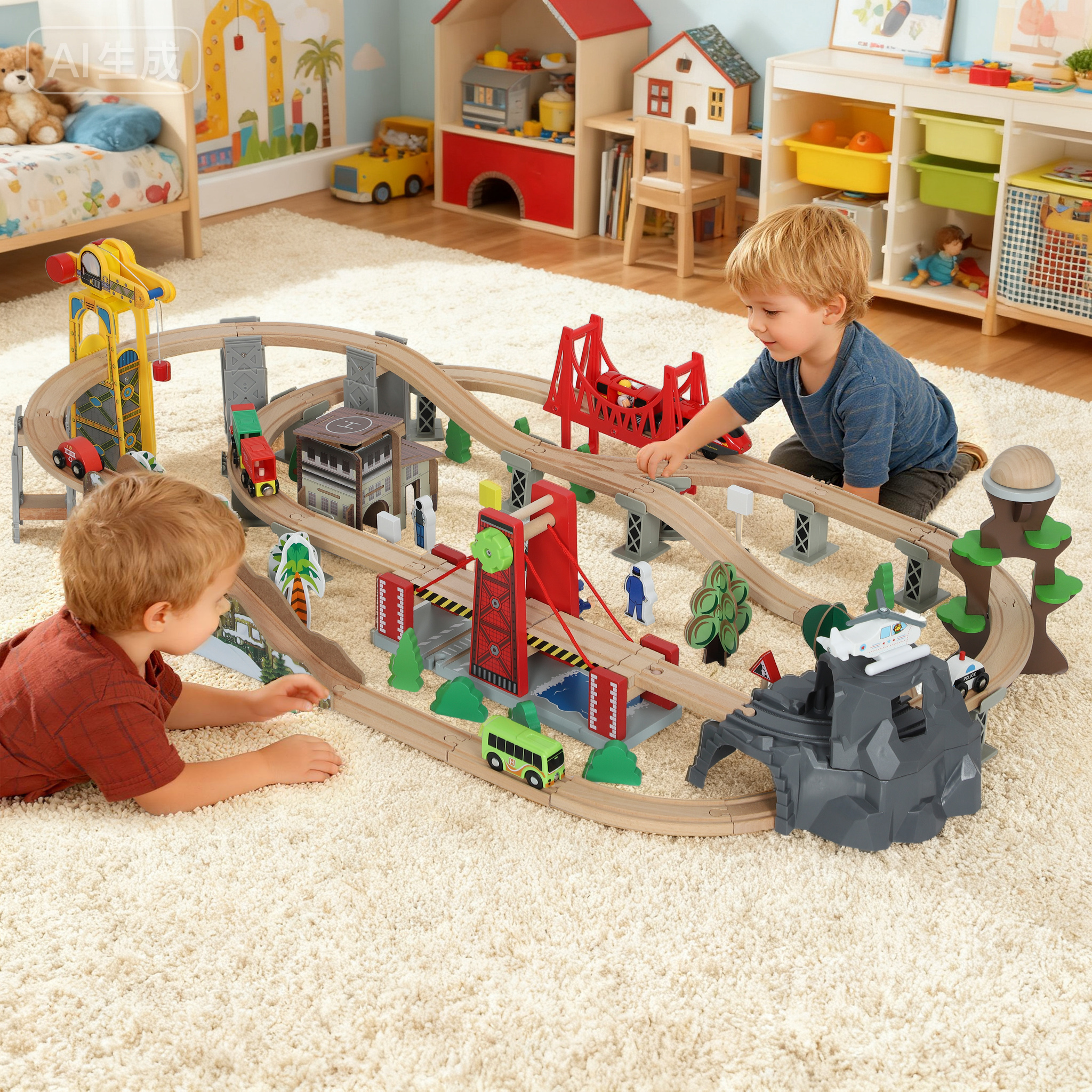 Aiyaplay Set Ferroviario in Legno, 100 Pezzi per Bambini 3+ Anni con Gru Magnetica, Treni, Ponte, Elicottero   Aosom Italy