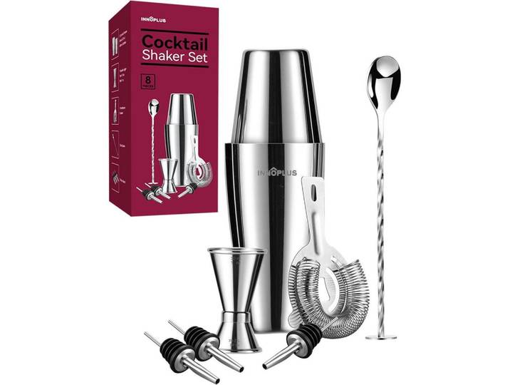 Cocktail Shaker Set Edelstahl 8-teiliges Set, Silberfarben, Metall, 9.7x9.6x23.3 cm, Barzubehör & Weinzubehör, Barzubehör