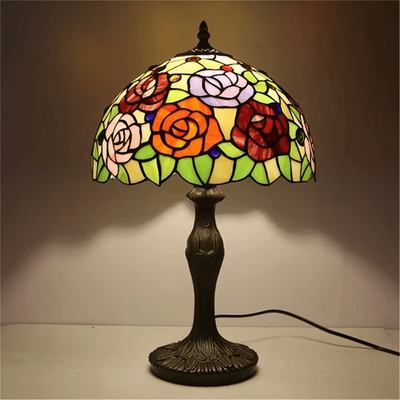 Cozy Casa Charm Dragonfly Tiffany Table Lamp, Stained Glass Desk Light, Retro Brass Resin Base For Living Room Decor rose Flower